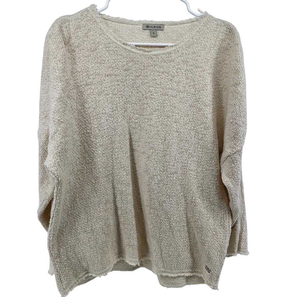Albion Sweater Raw Hem Knit Pullover Long Sleeve Lightweight Cream Small